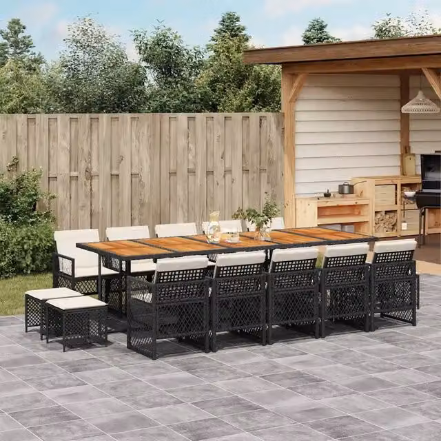 Set da pranzo da giardino vidaXL in legno di acacia e polyrattan da 15 pezzi con cuscini nero e bianco – 1