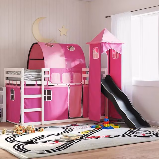 Letto a castello per bambini vidaXL in legno di pino con scivolo e tende rosa L/P/H: 205.5 x 90 x 113 cm