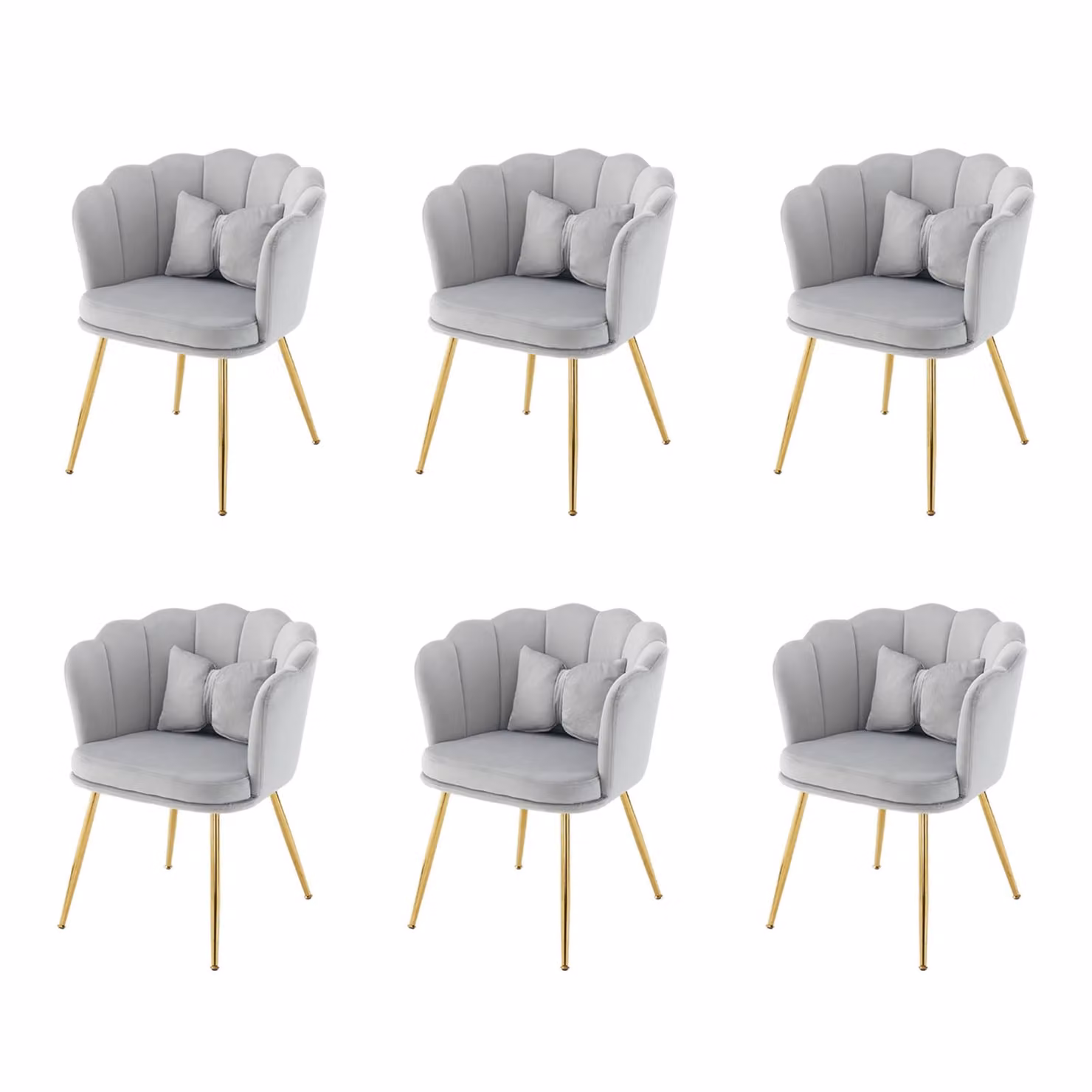 Set Fortuna Lai con 6 moderne sedie da salotto in velluto, sedie da bagno, sedie imbottite con schienale a petalo, gambe in metallo dorato e cuscini a forma di farfalla per la camera da letto e la sala da pranzo.