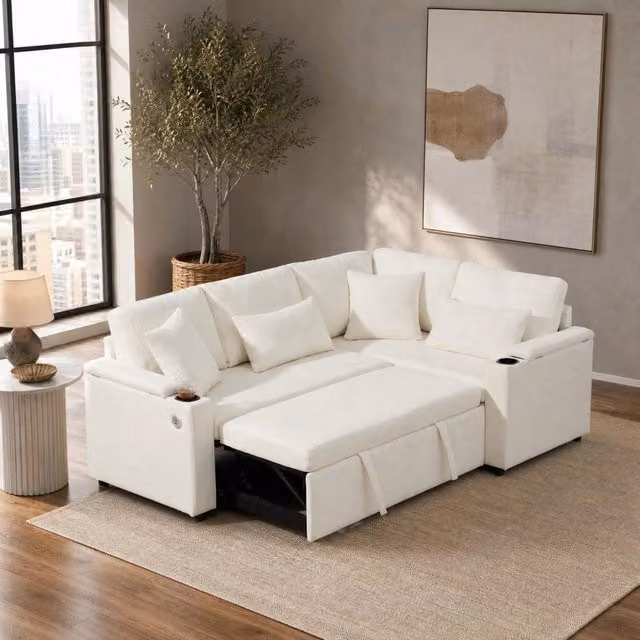Divano angolare letto a L con chaise longue destra; contenitore; USB e portabicchieri; beige