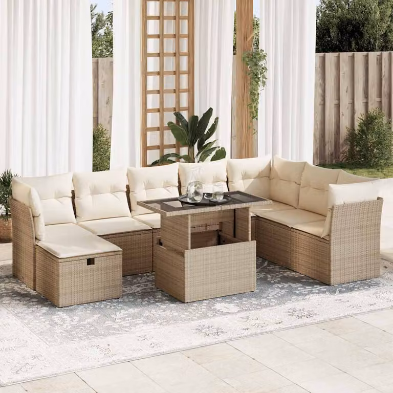 Set Divano da Giardino vidaXL 9 pz in Polyrattan Beige con Cuscini e Tavolino da Esterno