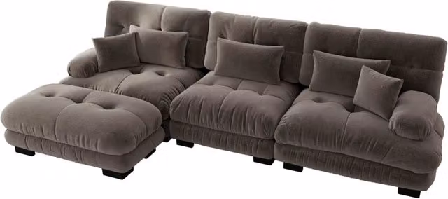 Divano Angolare Modulare in Chenille Vintage Marrone con Pouf Abbinati