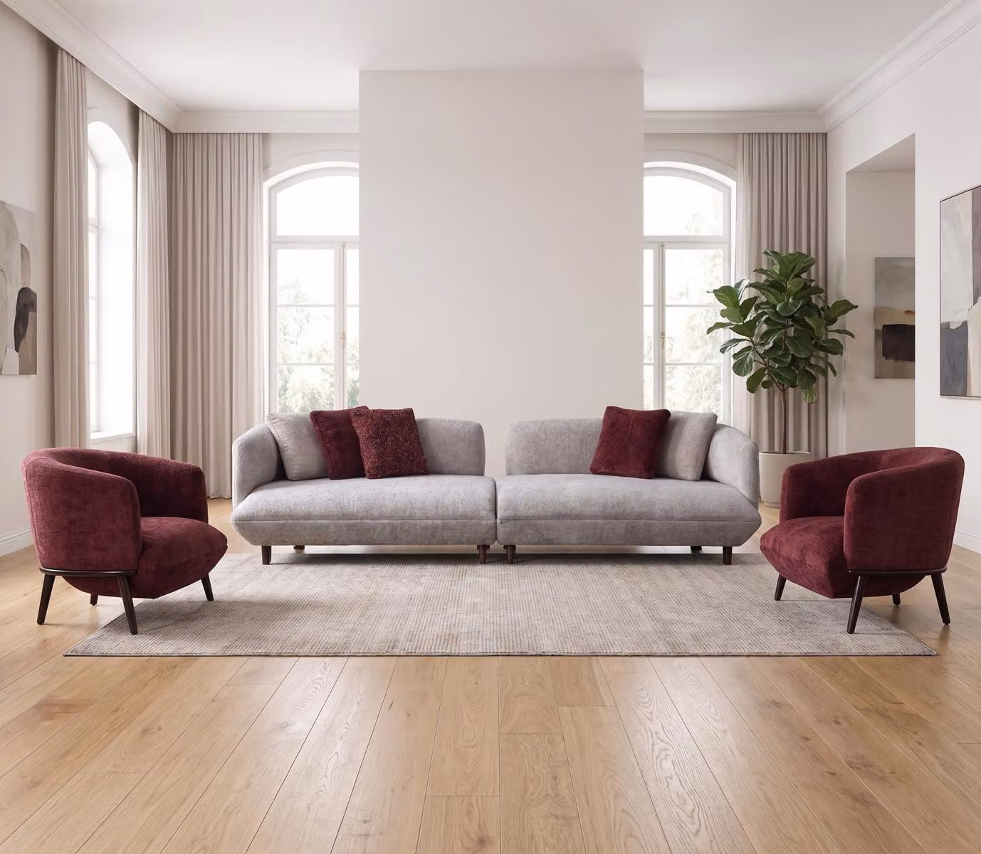 Elegante divano per soggiorno, design moderno, quattro posti. Raffinati poltrona