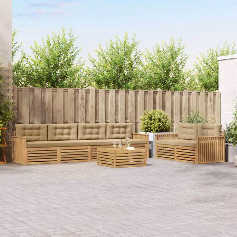 Set di divani da esterno vidaXL 7 pz in legno di acacia con cuscini, colore bianco, beige e marrone