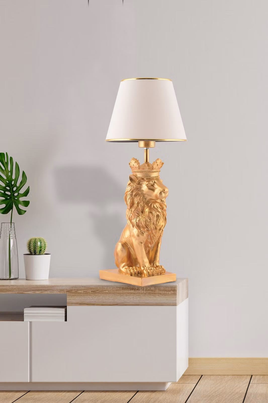 Opviq, Re Leone - Bianco,Lampada da tavolo, Bianco, CORPO IN POLIESTERE, 22 x 22 x 60 cm