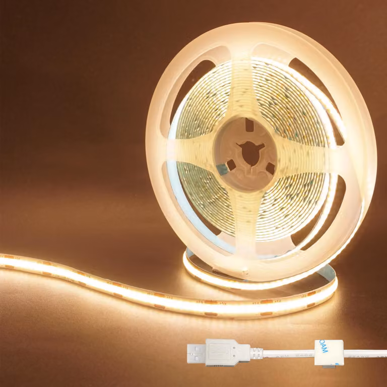 Striscia LED COB USB da 5V, lunghezza 5 metri (16,4 piedi), luce bianca calda a 3000K