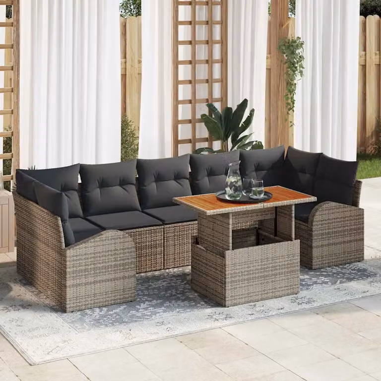 Set Divano da Giardino 8 Pezzi vidaXL in Poly Rattan Grigio con Tavolino e Cuscini Moderno a Forma di L