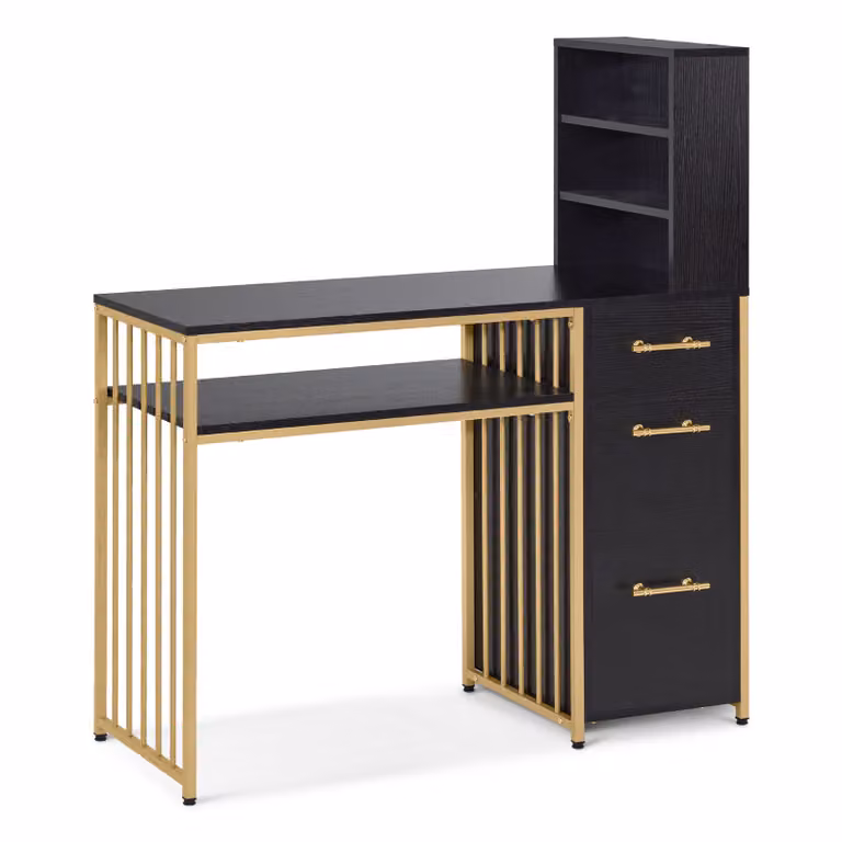 Scrivania M MCombo con 3 cassetti, tavolino da manicure in legno con struttura in metallo, tavolino da manicure nero e oro, tavolino da trucco senza specchio in stile moderno, 2420GBK