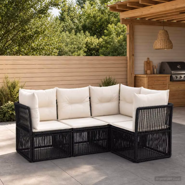 Set Divano da Giardino vidaXL 4 Pezzi a Forma di L con Cuscini, Struttura in Metallo e Polyrattan, Colore Nero e Bianco