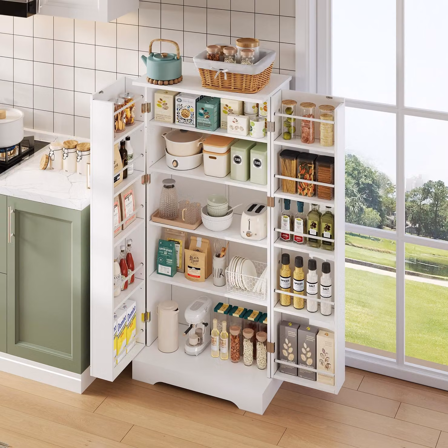 STILVORA Credenza da cucina con ripiani regolabili in altezza, mobile multiuso con illuminazione a LED con sensore di movimento, mobile alto con doppia anta e profili arrotondati decorativi, bianco