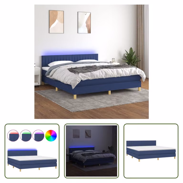 The Living Store Letto a molle insacchettate con materasso e LED Tessuto blu 160x200 cm