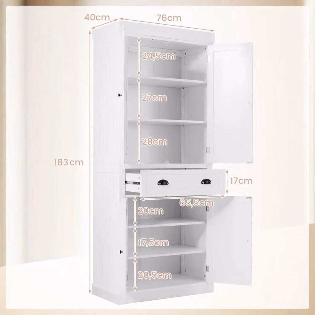 Mobile dispensa alto Costway bianco con 2 ante e cassetto per cucina, soggiorno o sala da pranzo, L/P/H: 76 x 40 x 183 cm – 2