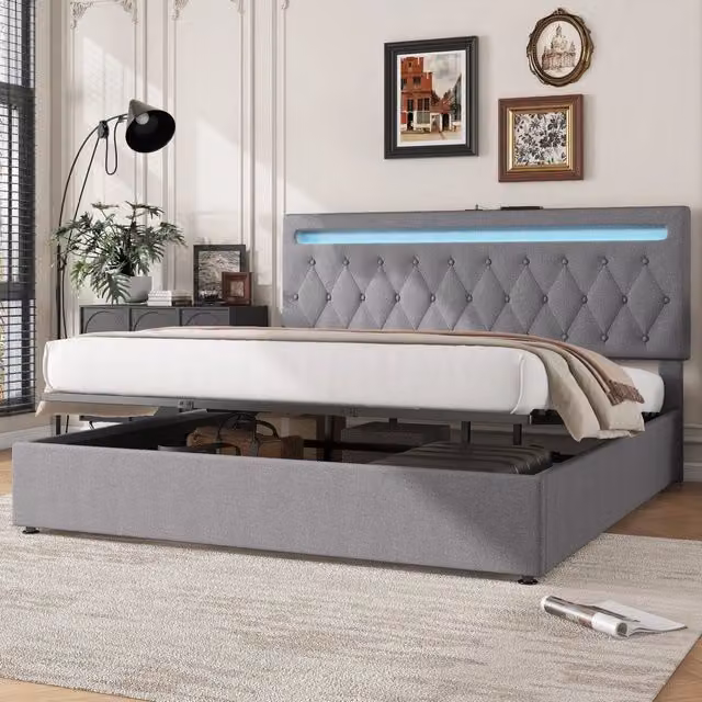 Letto doppio imbottito 180x200cm con riporzione; USB e Tipo C in grigio