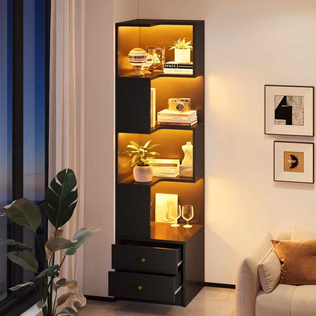 Libreria Angolare a L REDOM in MDF Nero Opaco con Illuminazione LED Integrata L/P/H: 45 x 43,5 x 180 cm – 2