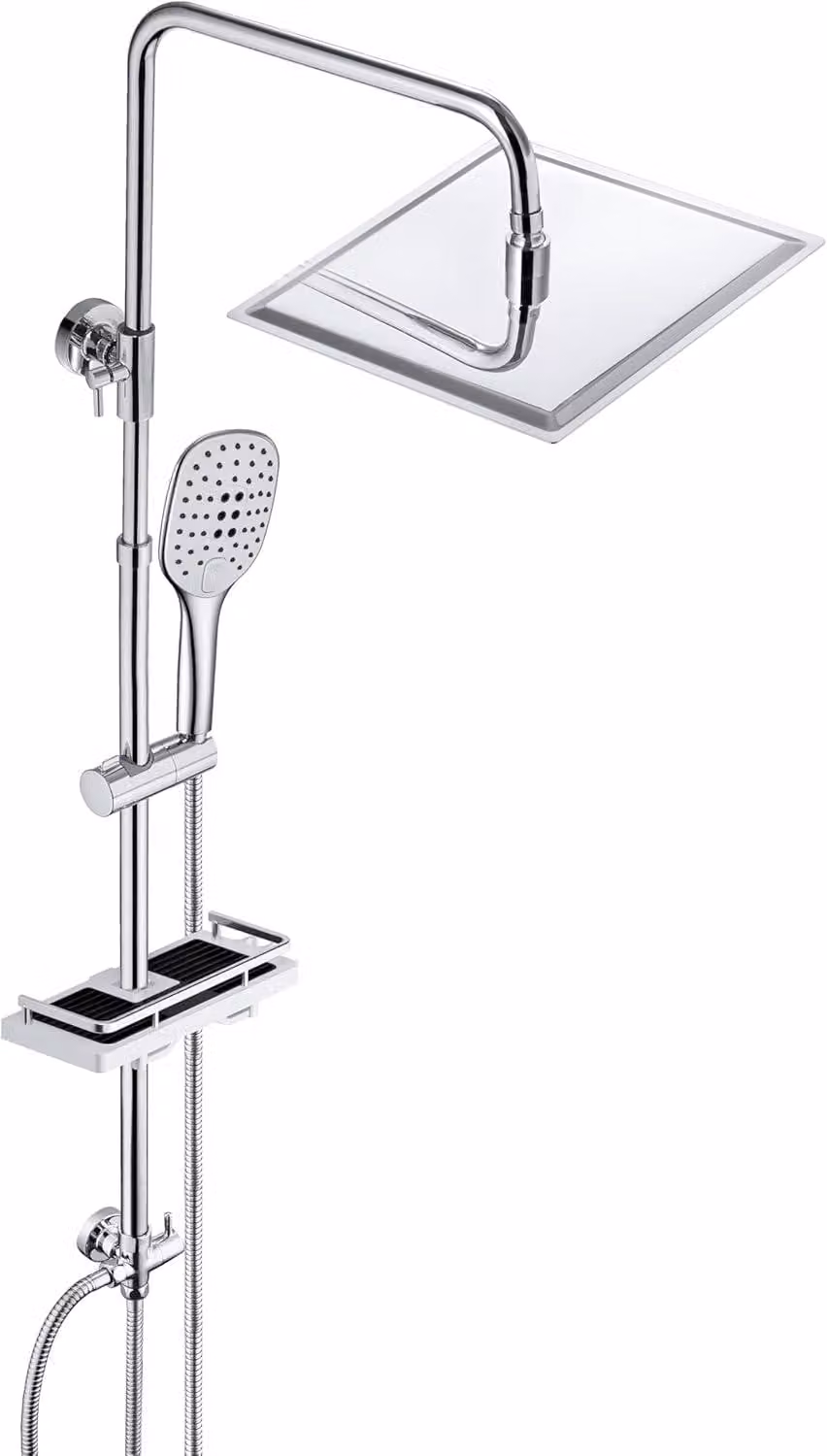 Sistema doccia a pioggia, con soffione per il corpo e per la testa, in acciaio inossidabile, dotato di un ripiano di 25x25 cm, per vasca da bagno