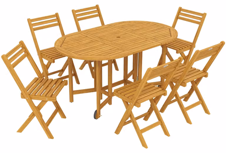 Set da giardino in legno con tavolo allungabile e 6 sedie pieghevoli. Colore: legno naturale | Dimensioni: 150x90x74 cm