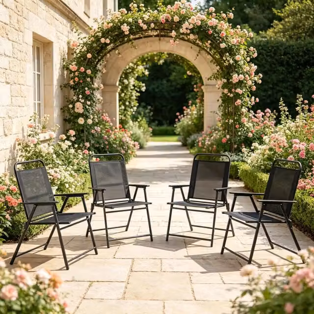 Set di 4 sedie da giardino WISHDOR nere con braccioli, struttura in acciaio verniciato e seduta in textilene, impilabili