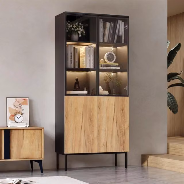 Vetrina con ante in vetro, libreria a 5 ripiani con luci LED, mobile alto 180 cm per oggetti da collezione e ufficio, nero/rovere