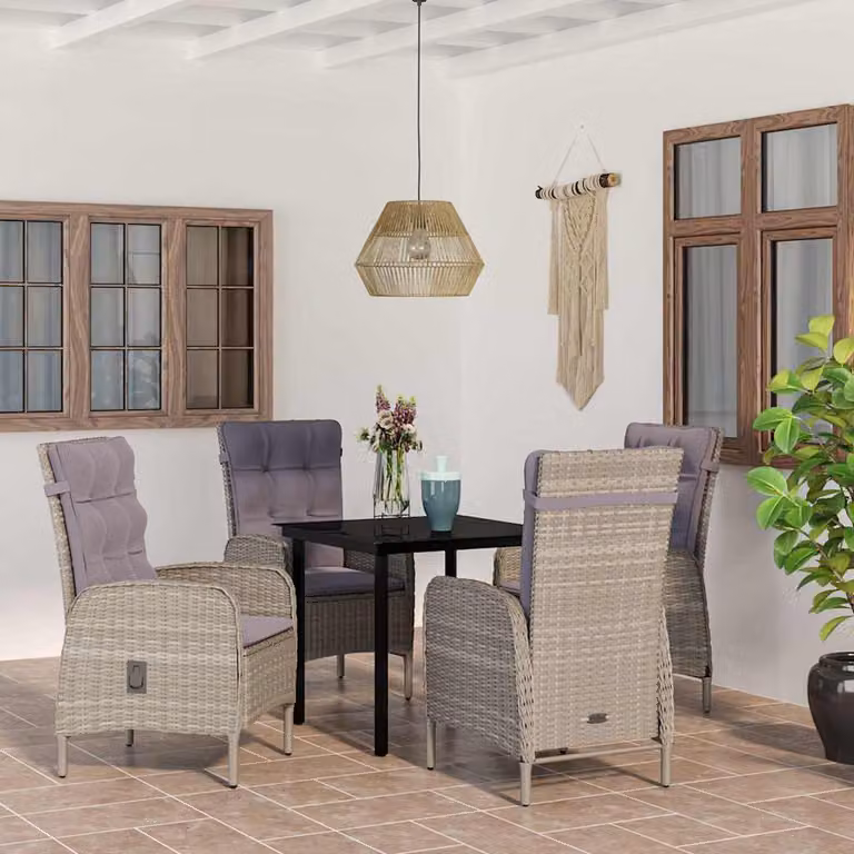 Set da pranzo da giardino vidaXL in polyrattan con cuscini e piano in vetro, 5 pezzi, Grigio e Nero