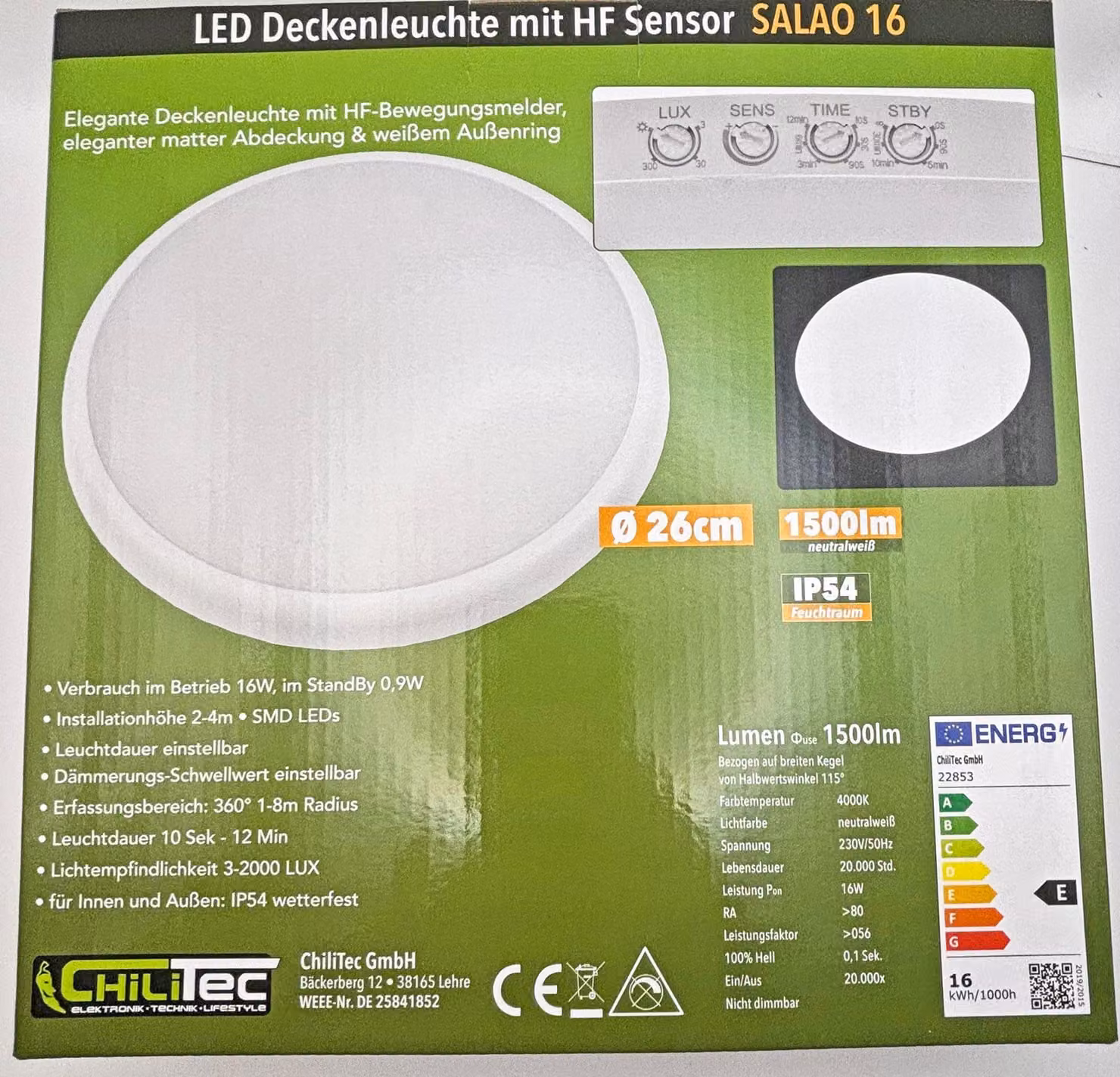 ChiliTec Lampada da soffitto a LED 16W con sensore HF