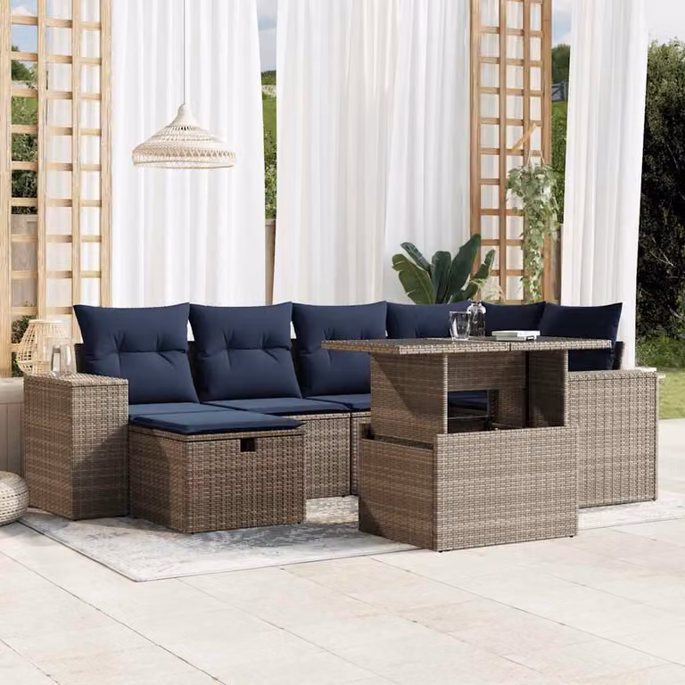 Set di divani da giardino vidaXL in polyrattan con cuscini, 7 pezzi, colore grigio
