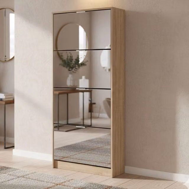 Scarpiera Moderna DMORA Pentone in Legno e Vetro con Specchio, Marrone Rovere, L: 67 cm, P: 28 cm, H: 155.5 cm