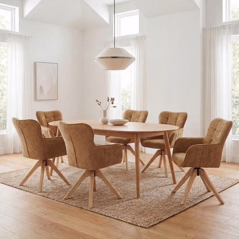 Set di 6 sedie da pranzo modello HWC-Q35, sedie da cucina con braccioli girevoli, rivestite in tessuto chenille (680g/m²), struttura in legno, colore giallo senape