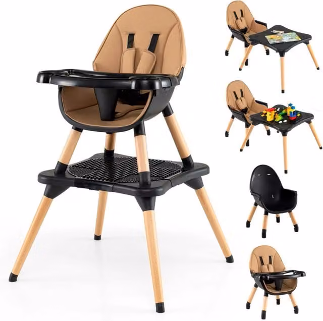 Set tavolo e sedia 6-in-1 convertibile per bambini in legno di betulla color marrone con vassoio rimovibile e cuscini in ecopelle regolabile in altezza