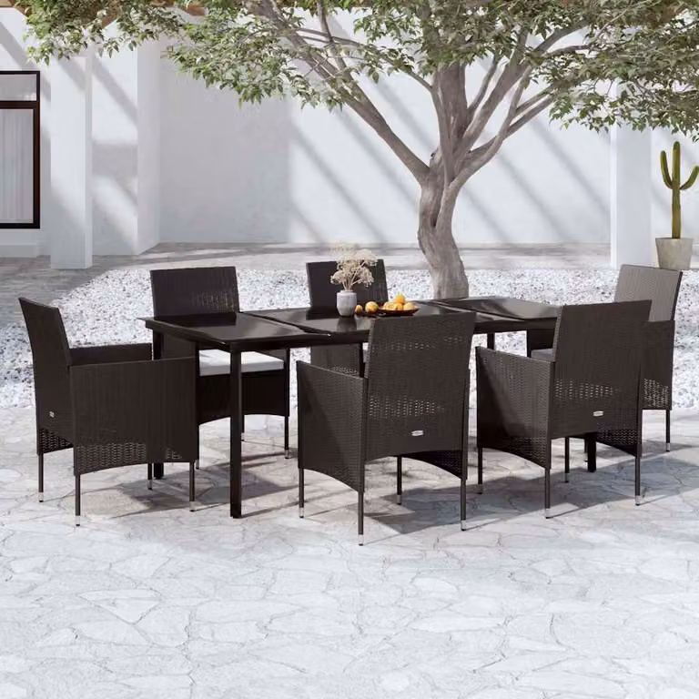 Set da pranzo da giardino vidaXL in polyrattan nero con 7 pezzi e cuscini