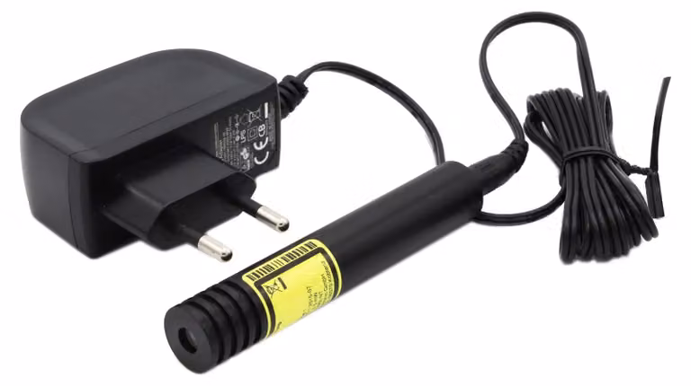 Linea laser, verde, 532 nm, 5 mW, 3 V DC, diametro 16x90 mm, angolo 90°, messa a fuoco fissa