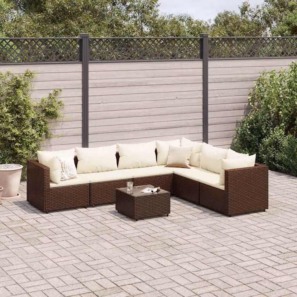 vidaXL Set Divani da Giardino 7 Pezzi a Forma di L con Cuscini e Tavolino in Polyrattan Marrone e Bianco – 1
