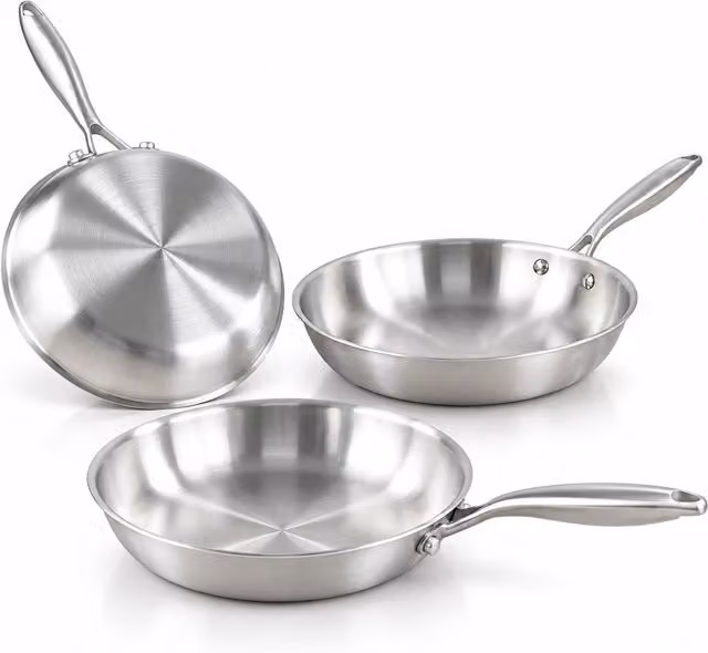 Set 3 Padelle in Acciaio Inox Tri-Ply 20-24-28 cm | Fondo Induzione Adatto a Tutti i Piani Cottura,   e Uso in Forno