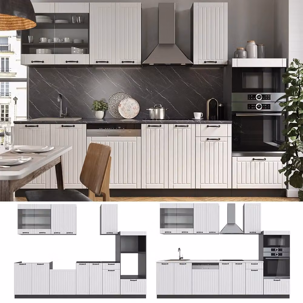Cucina componibile Vicco Fame-Line in stile country house, Bianco rustico e Antracite, L: 300 cm – 2