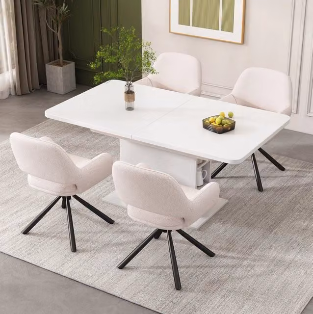 Set da pranzo con tavolo allungabile e 4 sedie in tessuto Sherpa, struttura in metallo, bianco