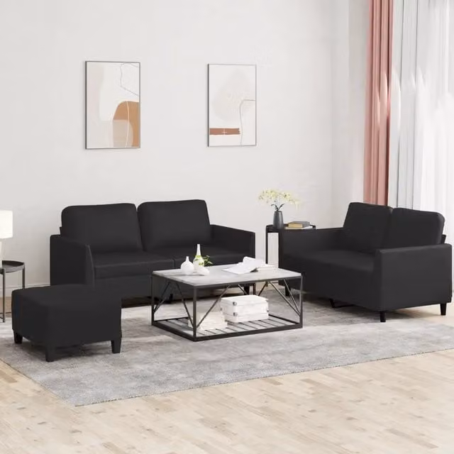 Set di divani 3 pezzi vidaXL in similpelle nera con cuscini per soggiorno in stile moderno – 1
