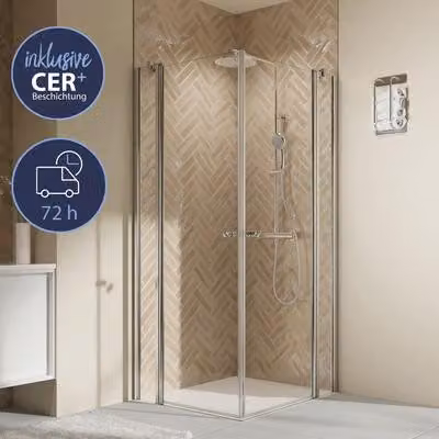 BREUER Angolo di accesso con porta a battente ELANA 2.0 Express Q72, 100 x 100 x 200 cm, profilo argento, vetro trasparente con trattamento anti-sporco