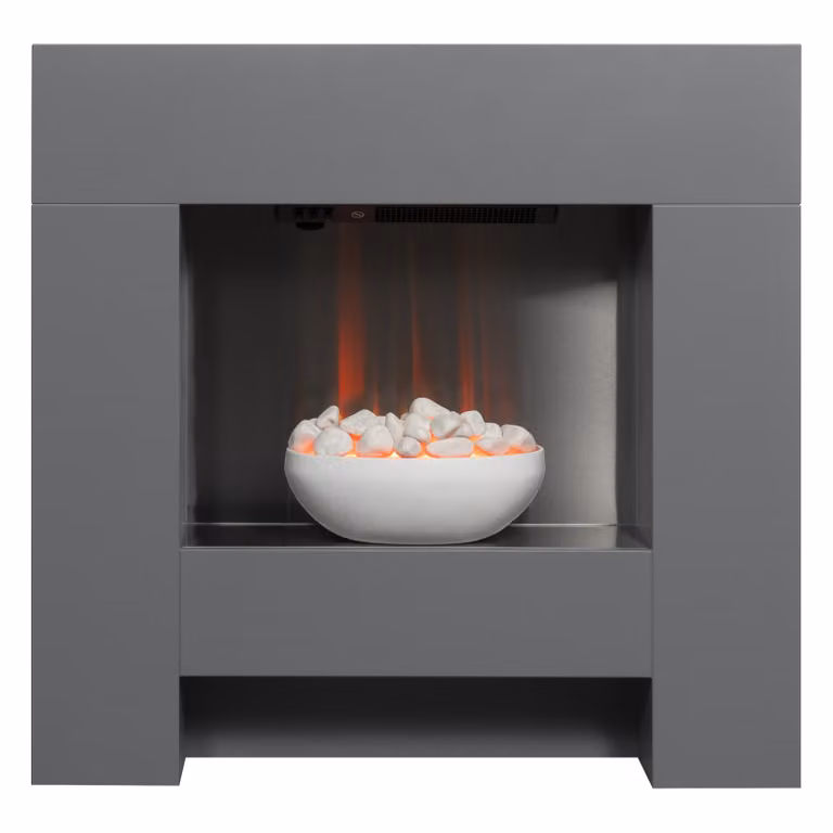 Adam Cubist camino elettrico da pavimento grigio con effetto fiamma LED, riscaldamento 1–2 kW, 87,5 × 90,5 × 18 cm