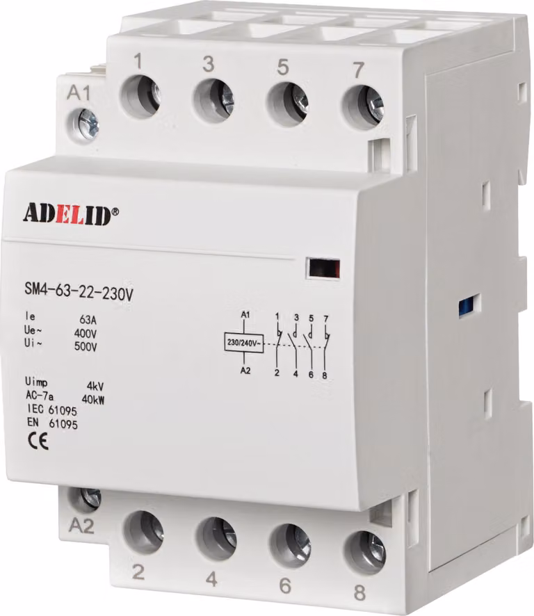 Relè di commutazione, interruttore di protezione circuitale, interruttore di protezione installazione, 63A, 2 contatti normalmente chiusi, 2 contatti normalmente aperti, contatto, bobina 230V AC