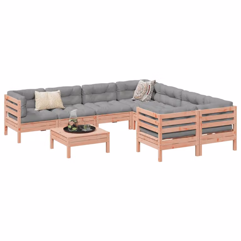 Set di divani da giardino vidaXL a forma di L composto da 9 pezzi in legno massello con cuscini inclusi in colori marrone e grigio