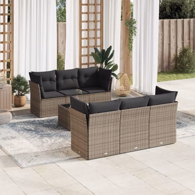 Set di divani da giardino vidaXL 7 pezzi in polyrattan grigio con cuscini e tavolino