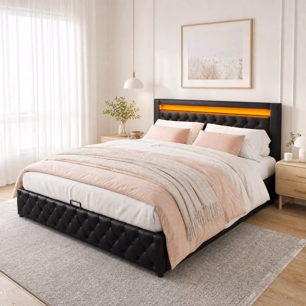 Letto contenitore REDOM con design capitonné, rivestimento in ecopelle nera, rete a doghe e illuminazione LED, L/P: 140 x 190 cm – 2