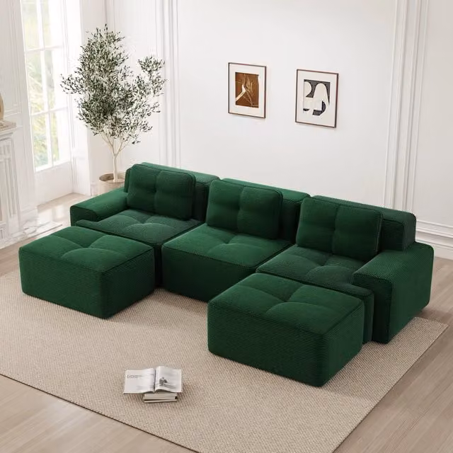 Divano modulare con seduta profonda design senza struttura base antiscivolo per soggiorno in velluto a coste verde