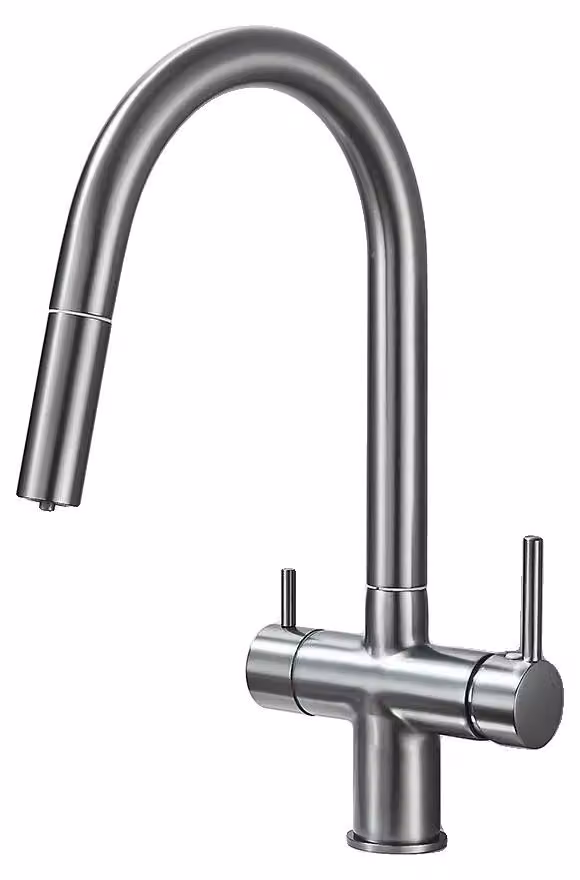 Rubinetto da cucina, con funzione spray estraibile, design a due manopole, colore grigio
