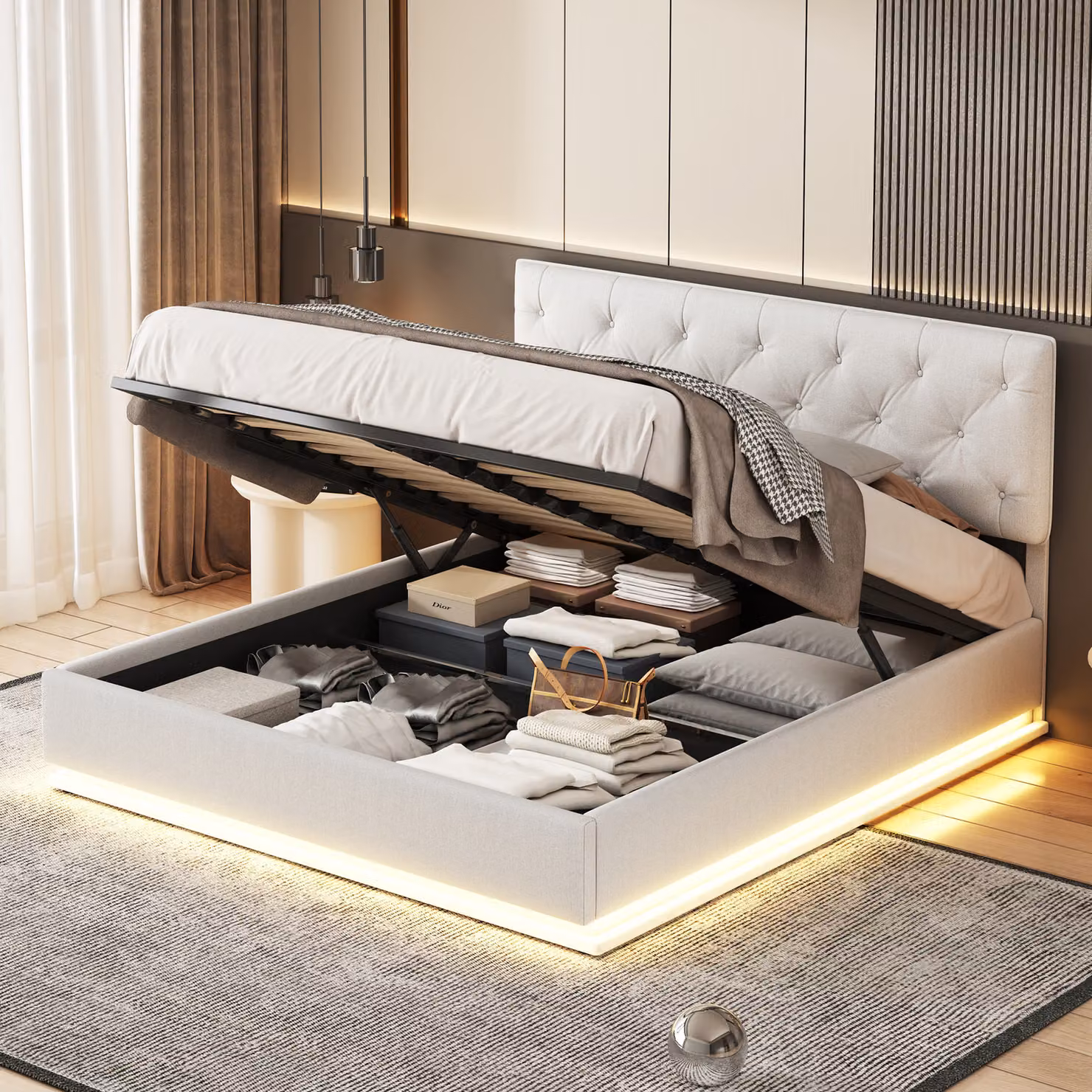 Letto imbottito Fortuna Lai 140x200cm con rete e illuminazione LED, letto a molle idrauliche con testata regolabile in altezza e rete a doghe, letto matrimoniale in lino letto contenitore per giovani, bianco