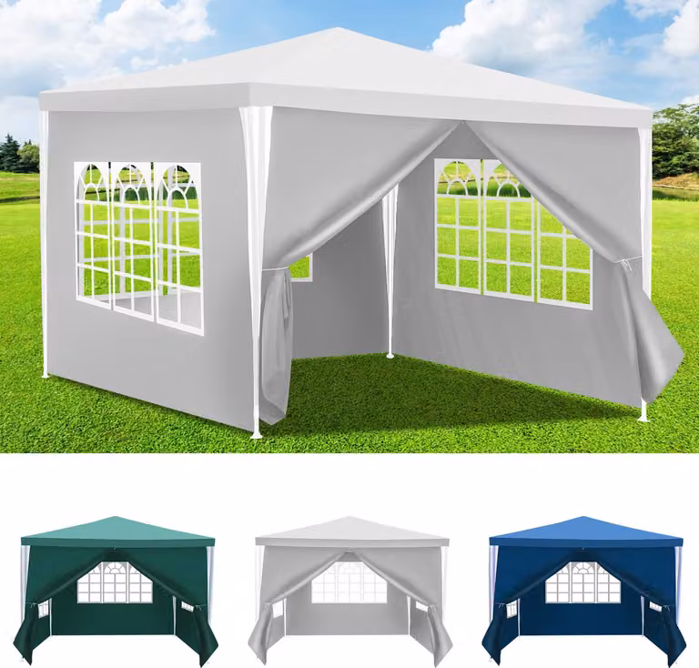 Jayseuw gazebo 3x3m, tenda da giardino impermeabile, protezione UV, con 3 pannelli laterali e 1 ingresso, per giardino terrazza festa, bianco
