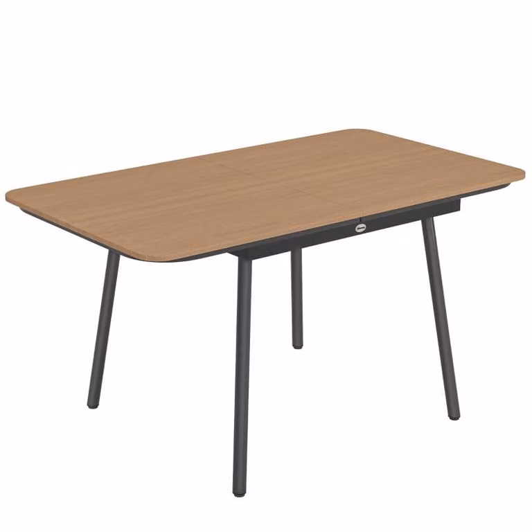 Tavolo da esterno Moonbite, dimensioni 140 x 80 cm, piano in WPC effetto teak, resistente alla ruggine, con piedi regolabili, capacità di carico 50 kg, per 6 persone, metallo, effetto teak