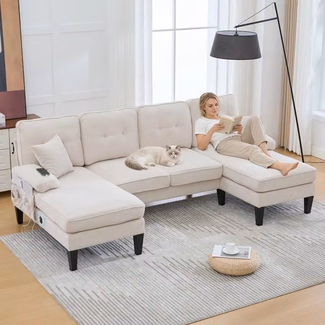 Divano angolare 4 posti con chaise longue ¨C Minimal ¨C tessuto beige imbottito con cuscini gambe stabili