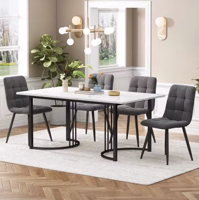 Set tavolo e 4 sedie 140x80 cm in MDF bianco e metallo nero, 5 pezzi