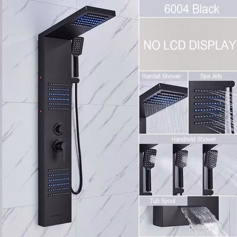 Colonna doccia - Colonna doccia nera con LED - Miscelatore a cascata e soffione a pioggia - Getto massaggio - Comando a due vie - Colore nero