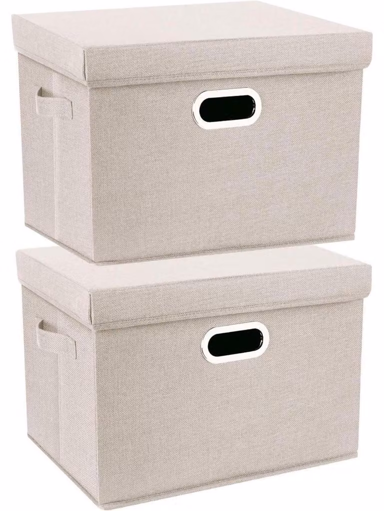 Contenitore con coperchio, in tessuto, pieghevole, lavabile, dimensioni 44x30x29 cm, confezione da 2 pezzi, colore beige